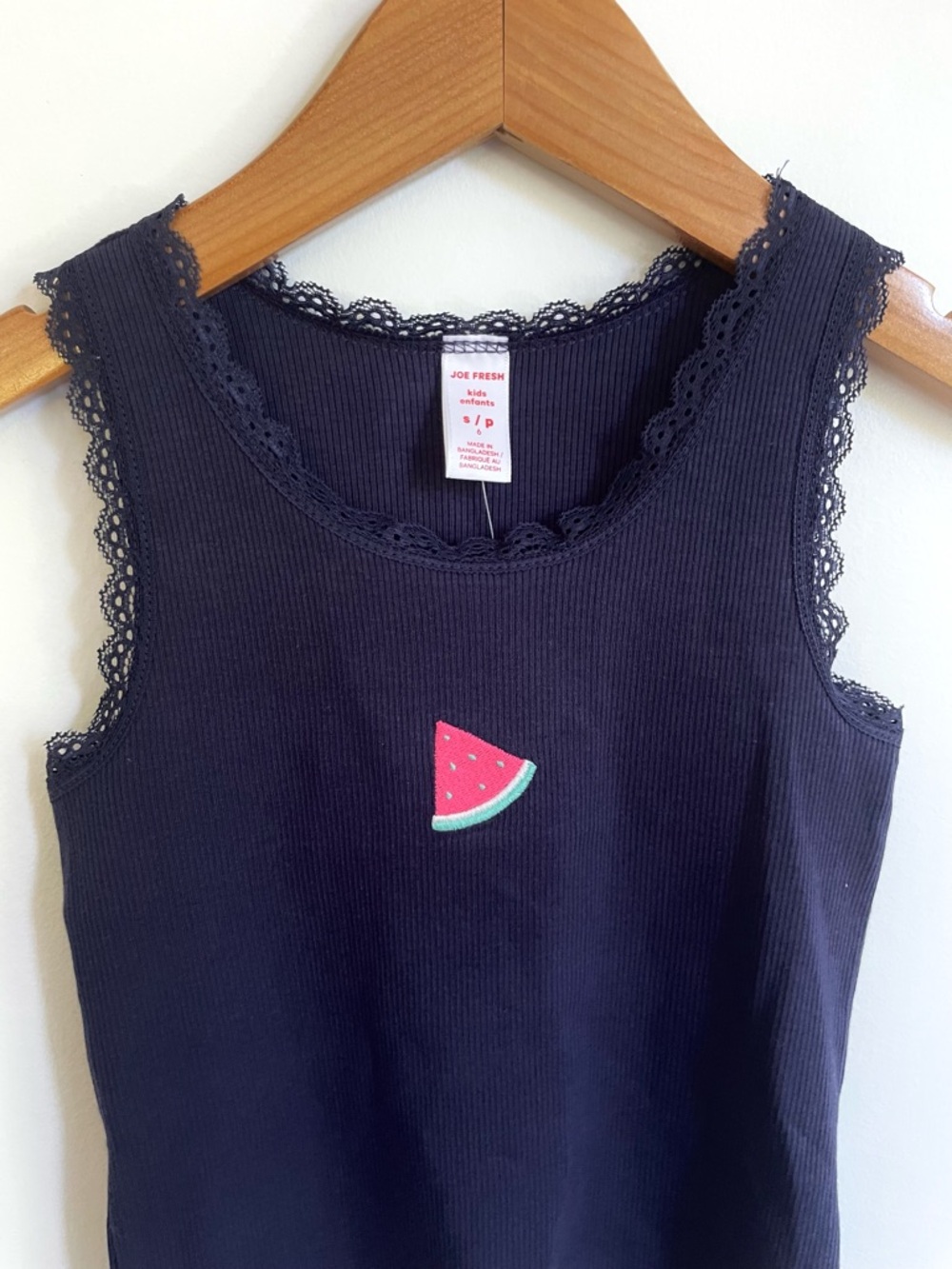 3/$21💥NWT 🍉 Watermelon Tank Top, Navy Rib Knit, Lace Trim, Embroidery